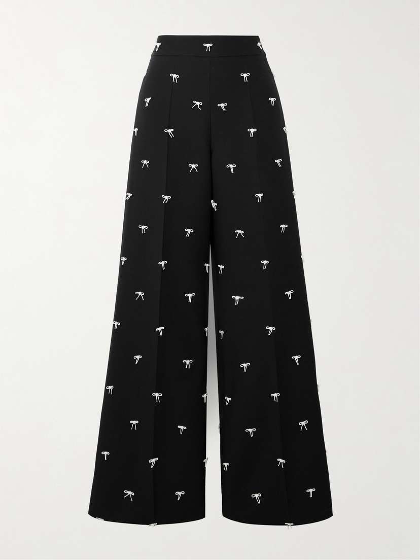 Valentino Garavani Bow-embellished Wool And Silk-blend Twill Wide-leg Pants