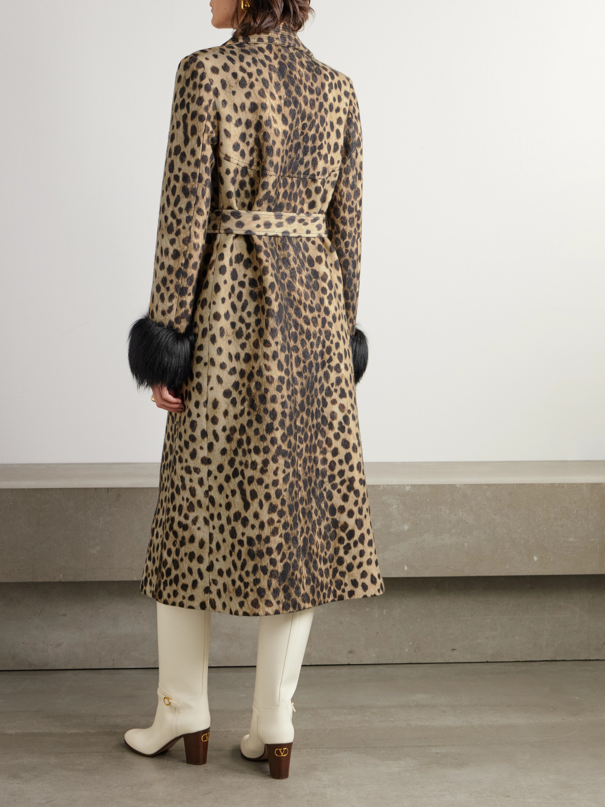 Valentino Belted Faux Fur-trimmed Embellished Cheetah-print Wool Coat In Animal Print