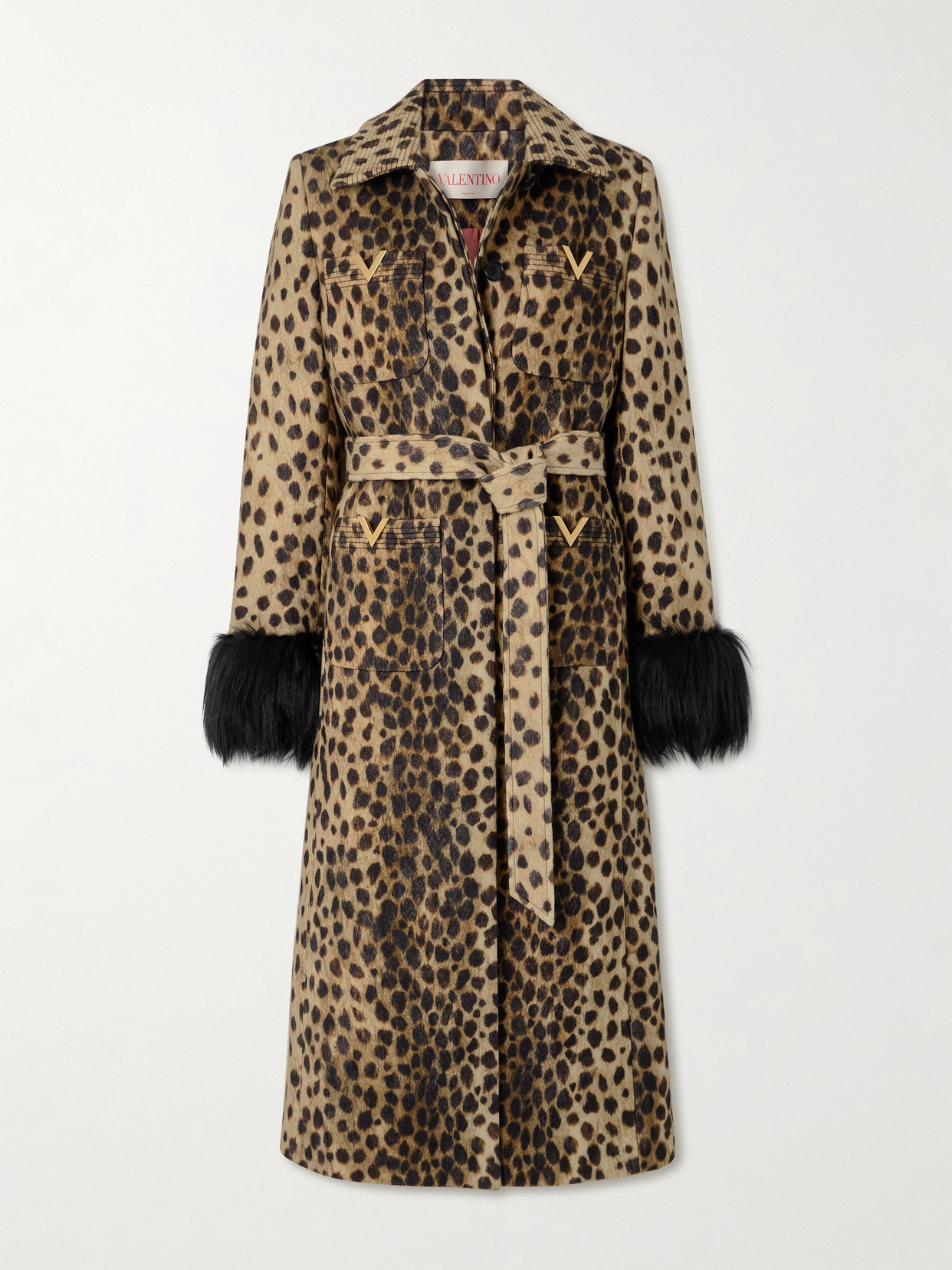 Valentino Belted Faux Fur-trimmed Embellished Cheetah-print Wool Coat In Animal Print