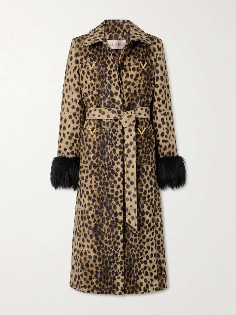 Valentino Garavani Belted Faux Fur-trimmed Embellished Cheetah-print Wool Coat
