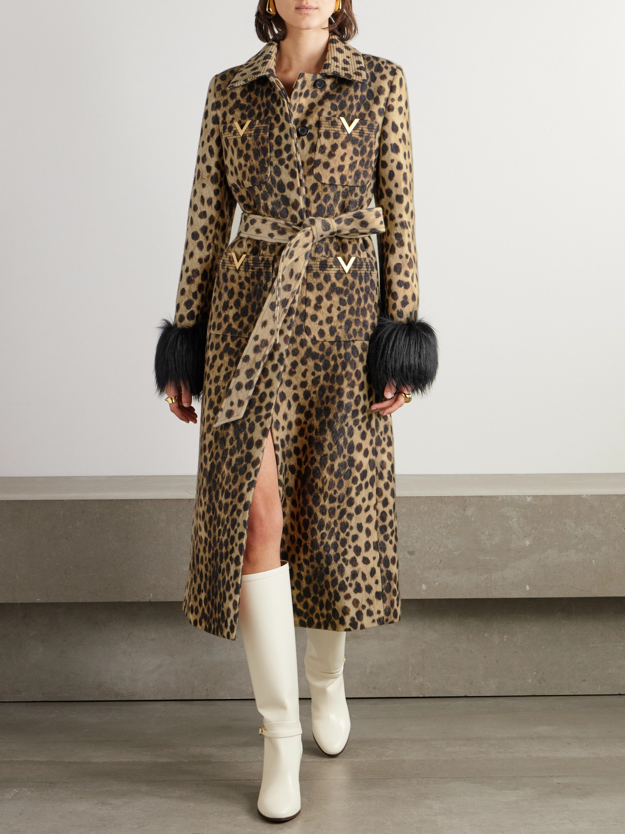 Valentino Belted Faux Fur-trimmed Embellished Cheetah-print Wool Coat In Animal Print