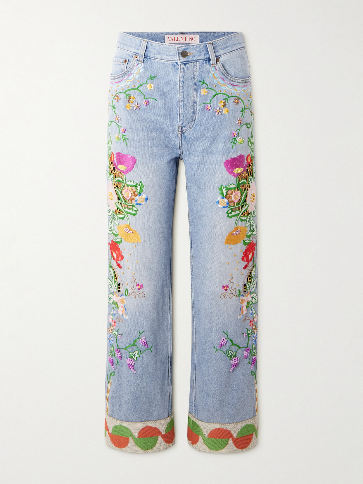 Valentino Bead-embellished Embroidered High-rise Straight-leg Jeans In Blue