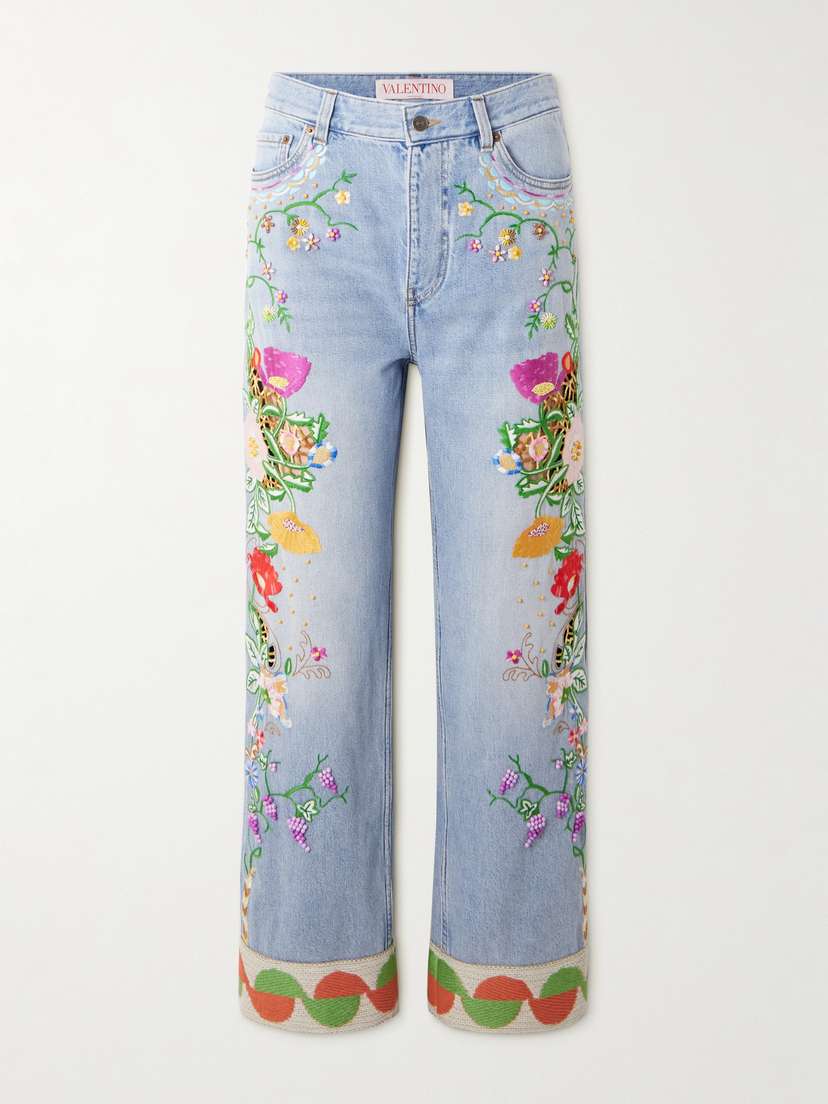 Valentino Garavani Bead-embellished Embroidered High-rise Straight-leg Jeans