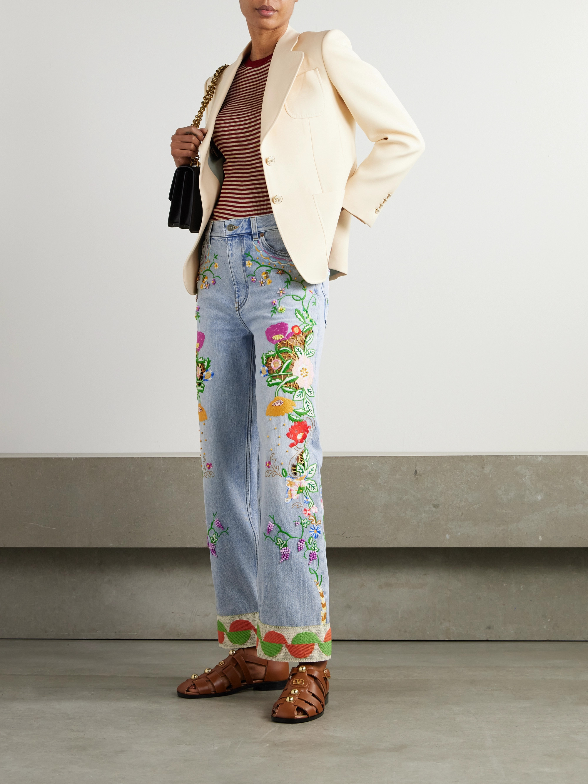 Valentino Garavani Bead-embellished embroidered high-rise straight-leg jeans