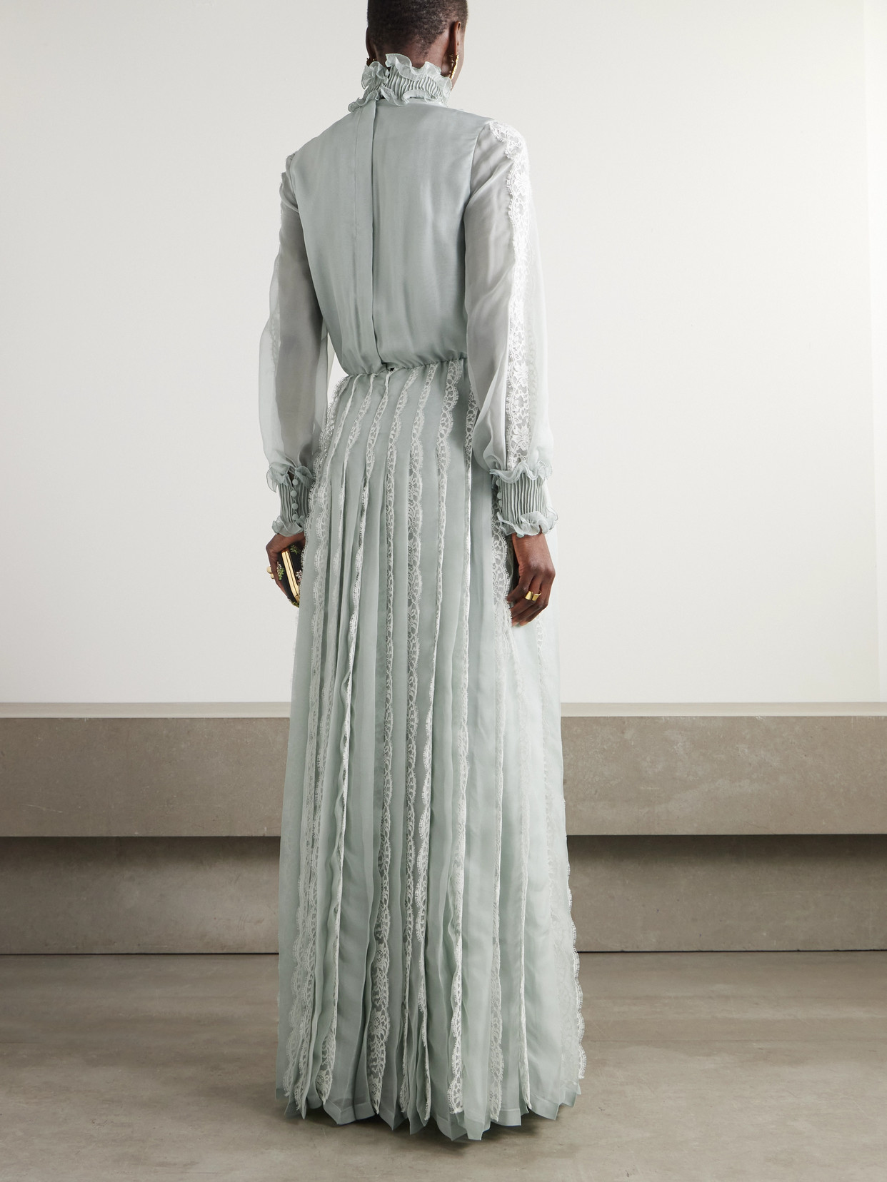 Shop Valentino Ruffled Lace-trimmed Pleated Silk-chiffon Gown In Blue