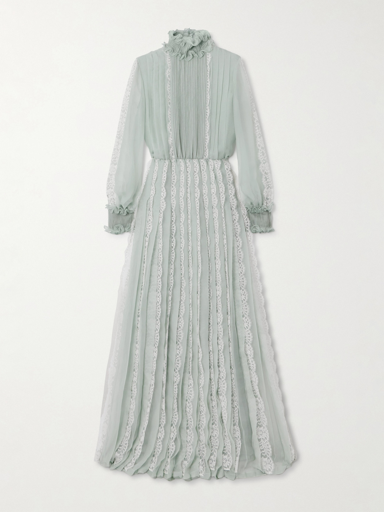 Shop Valentino Ruffled Lace-trimmed Pleated Silk-chiffon Gown In Blue