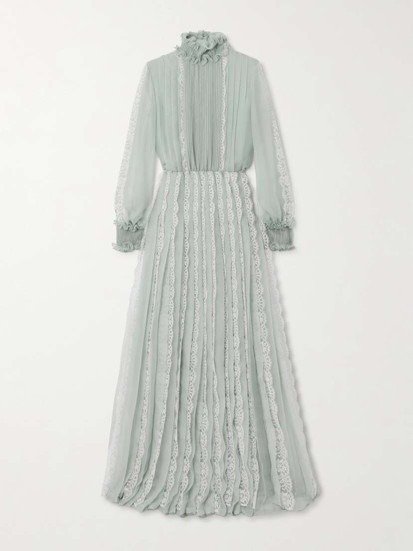 Valentino Garavani Ruffled Lace-trimmed Pleated Silk-chiffon Gown