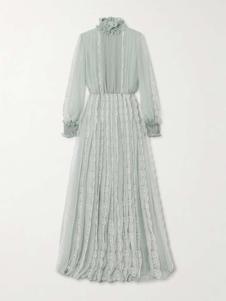 ruffled lace-trimmed pleated silk-chiffon gown
