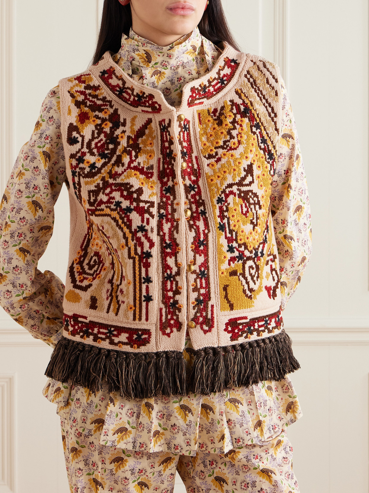 Valentino Fringed Embroidered Wool Vest In Neutrals