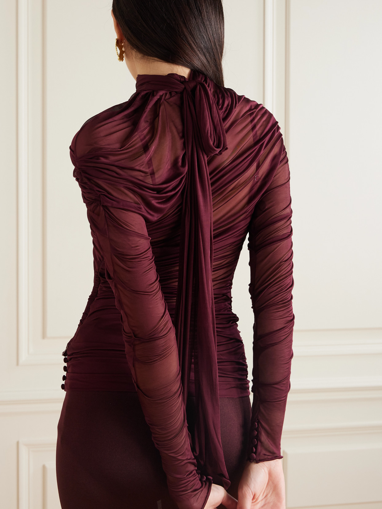 Saint Laurent Draped Ruched Jersey Turtleneck Top In Burgundy
