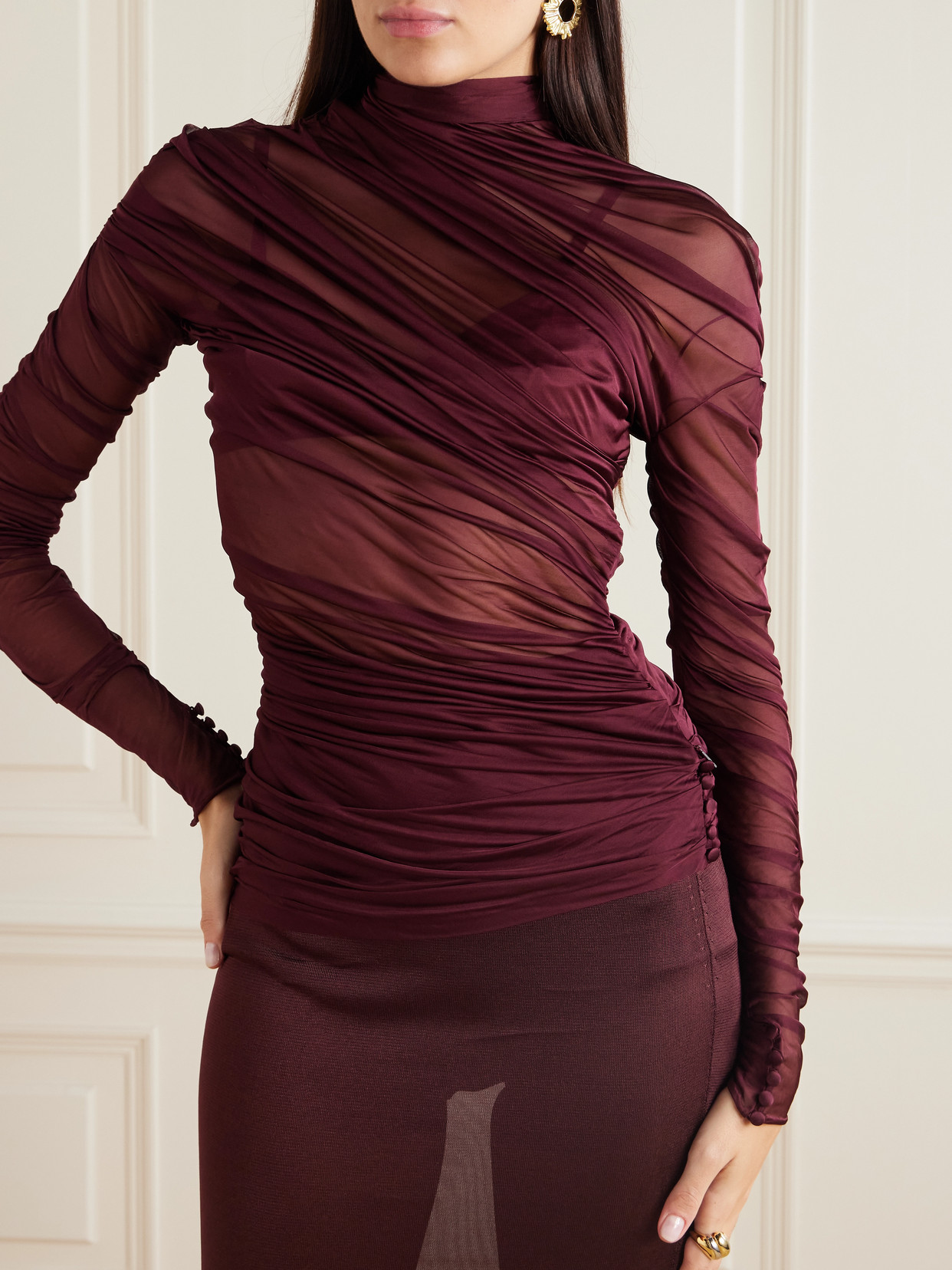 Saint Laurent Draped Ruched Jersey Turtleneck Top In Burgundy