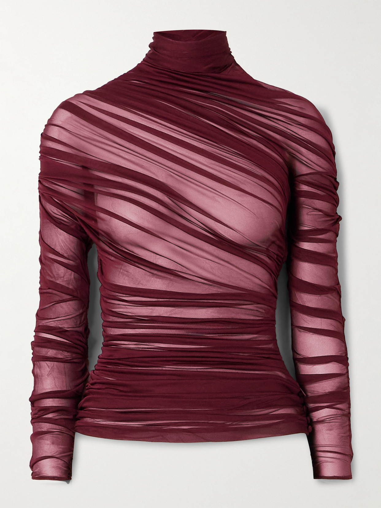 Saint Laurent Draped Ruched Jersey Turtleneck Top In Burgundy