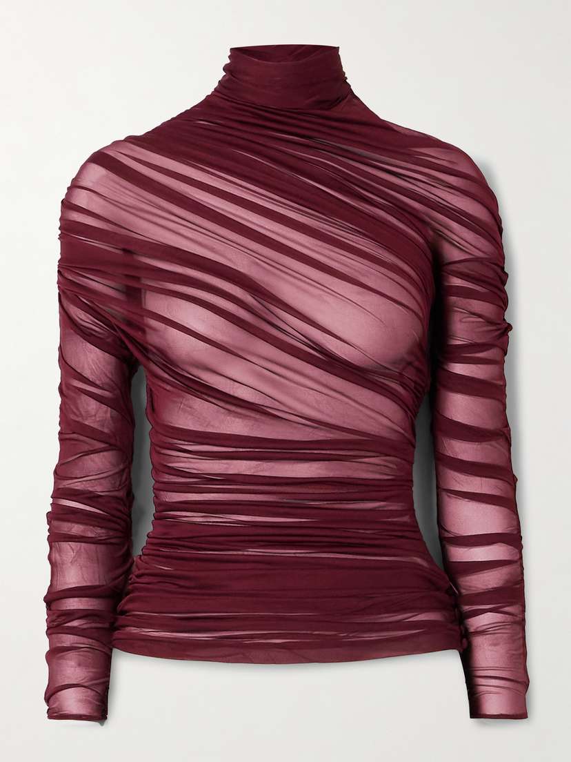 Saint Laurent Draped Ruched Jersey Turtleneck Top