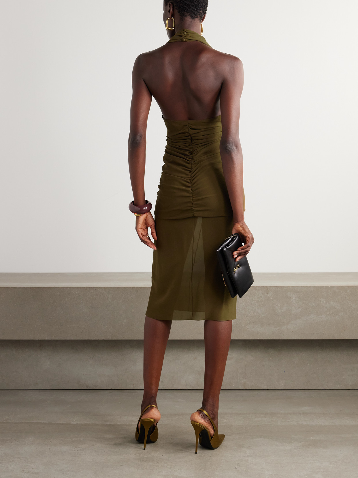 Saint Laurent Halterneck Silk Ruched Midi Dress In Green