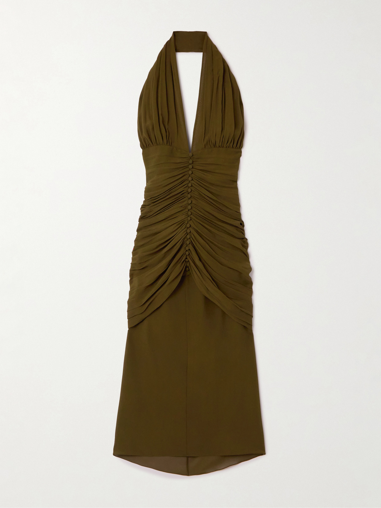 Saint Laurent Halterneck Silk Ruched Midi Dress In Green