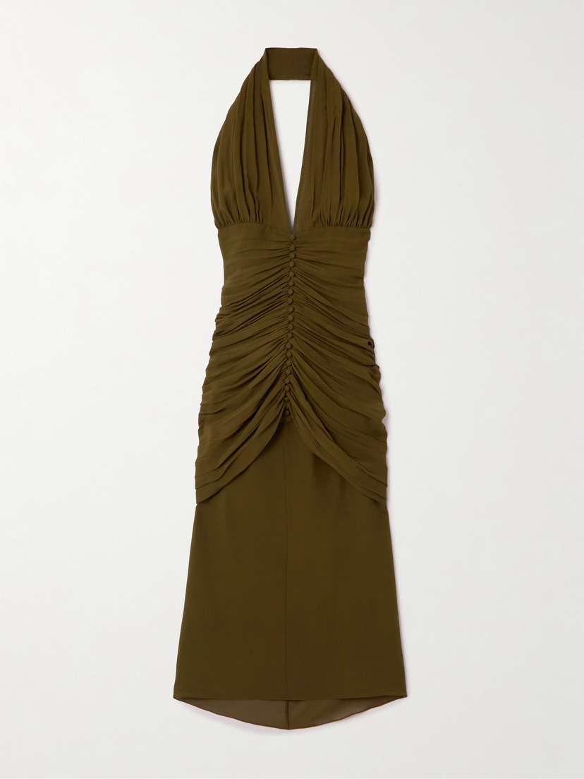 Saint Laurent Ruched Silk-crepe Halterneck Dress