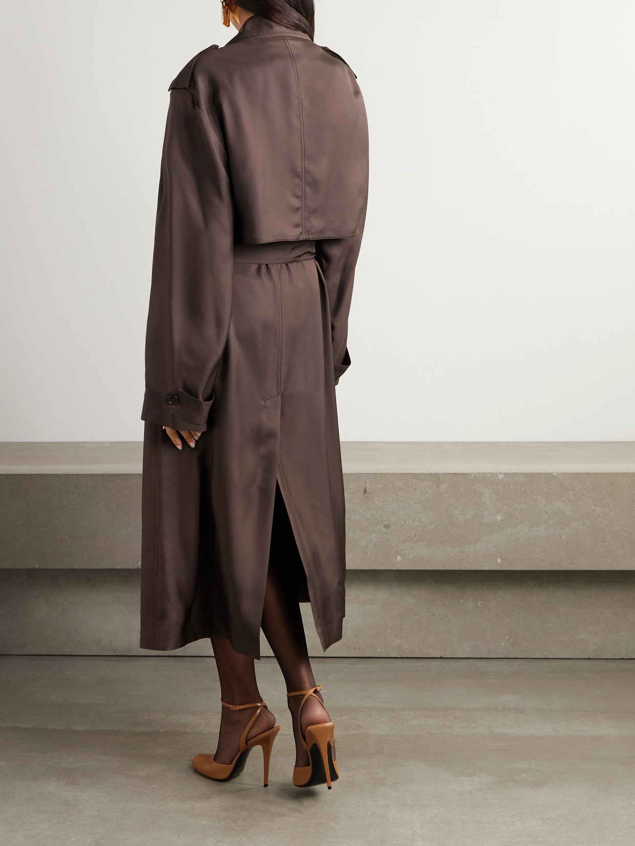 Saint Laurent Double-breasted Belted Silk-twill Trench Coat In Brown