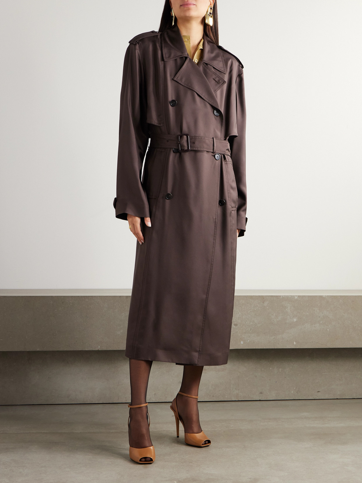 Saint Laurent Double-breasted Belted Silk-twill Trench Coat In Brown