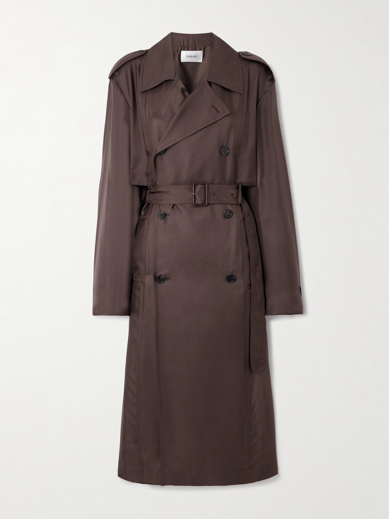 SAINT LAURENT - Double-breasted Belted Silk-twill Trench Coat - Brown