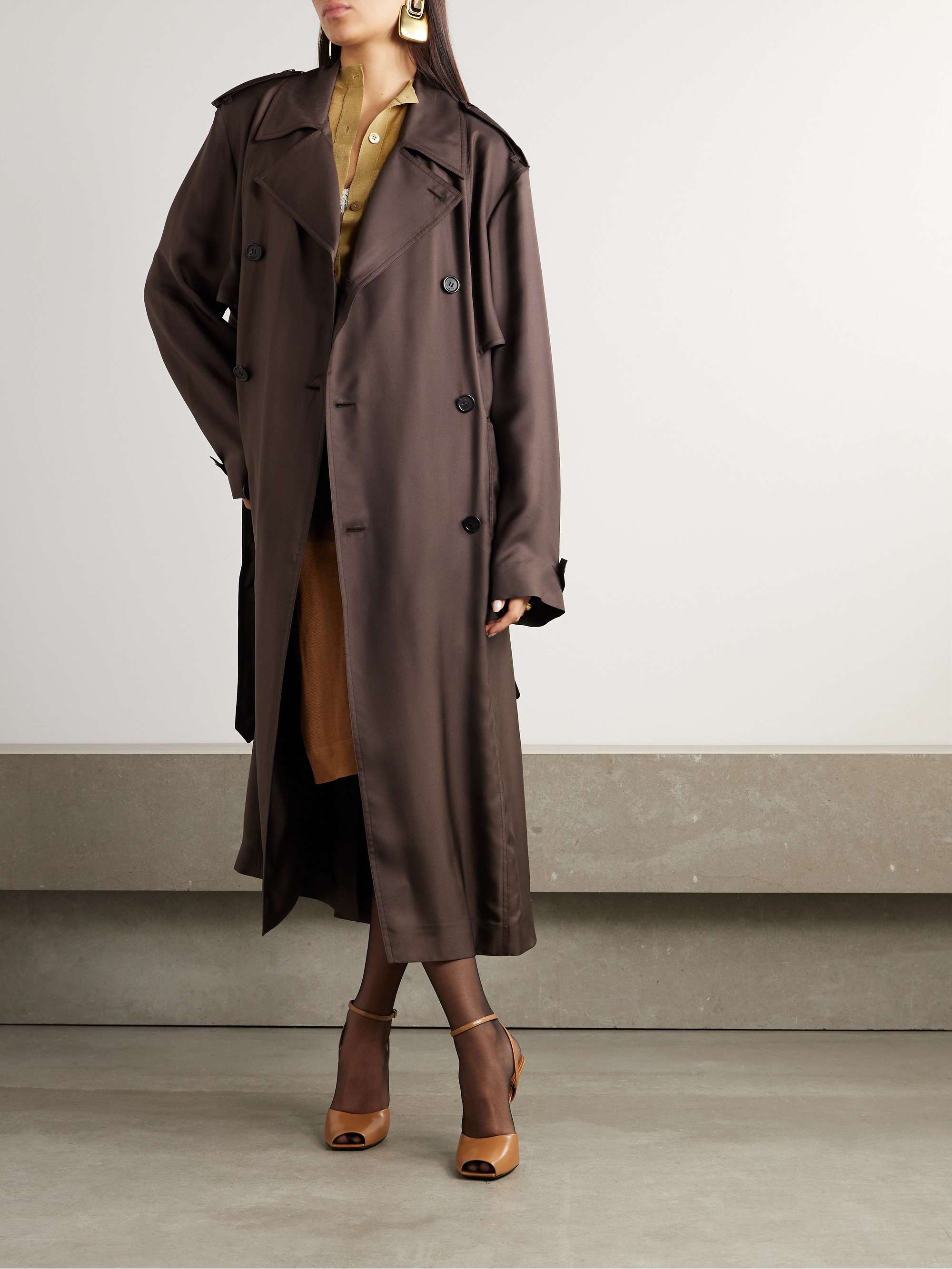 Double breasted belted silk twill trench coat dark brown FR38