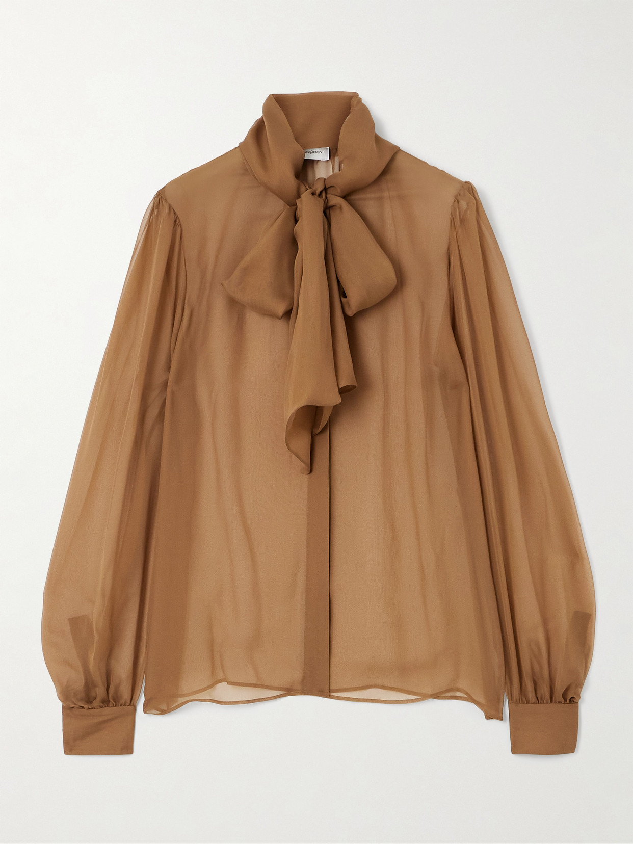 Saint Laurent Pussy-bow Silk-chiffon Blouse In Brown