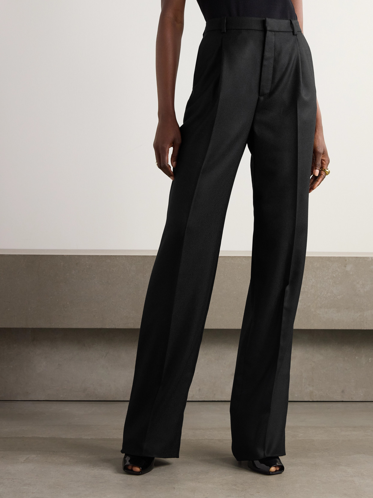 Saint Laurent Pleated Cashmere-twill Wide-leg Pants In Black