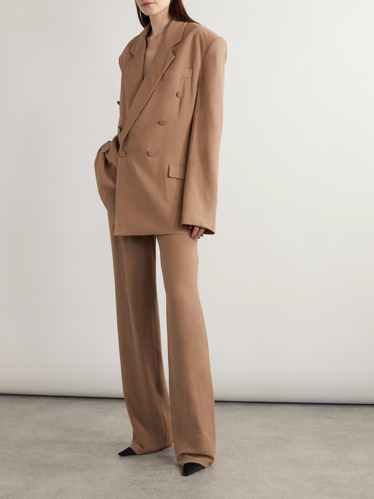 Saint Laurent Double-breasted Silk Wrap Blazer In Brown