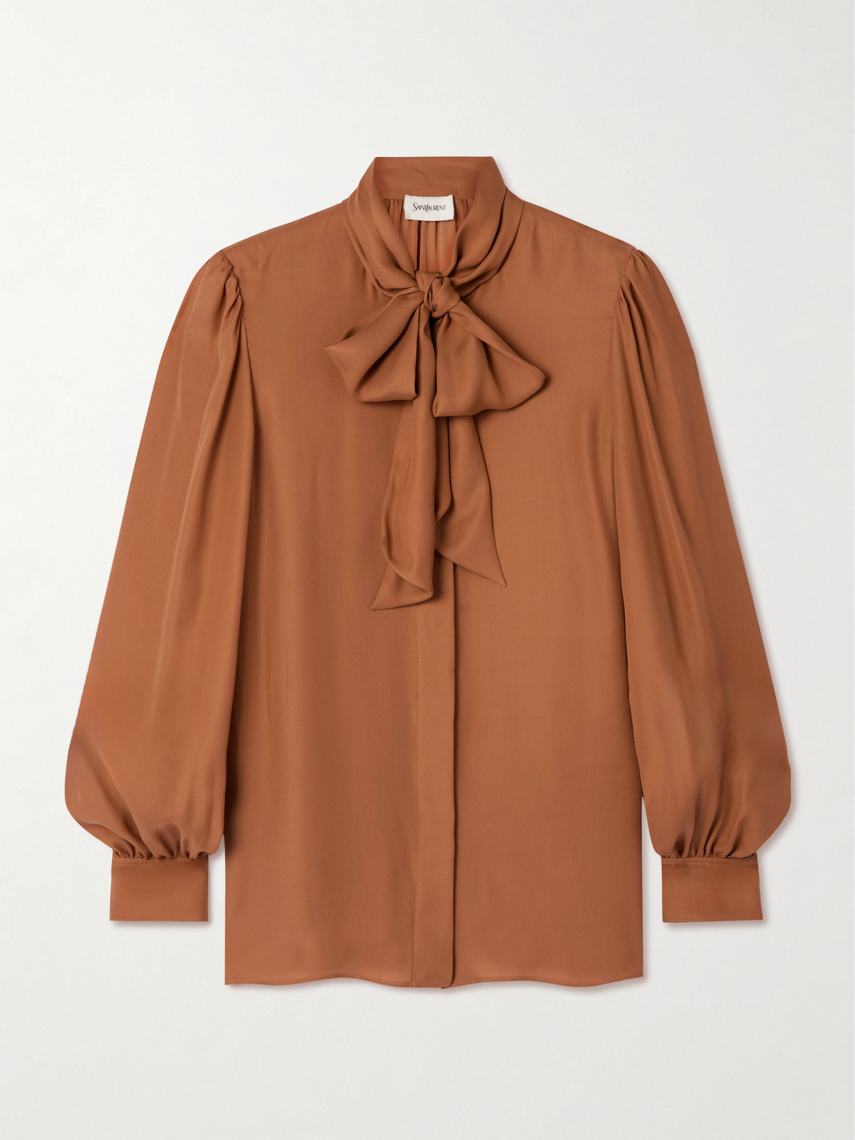 Saint Laurent Pussy-bow Silk Shirt In Brown