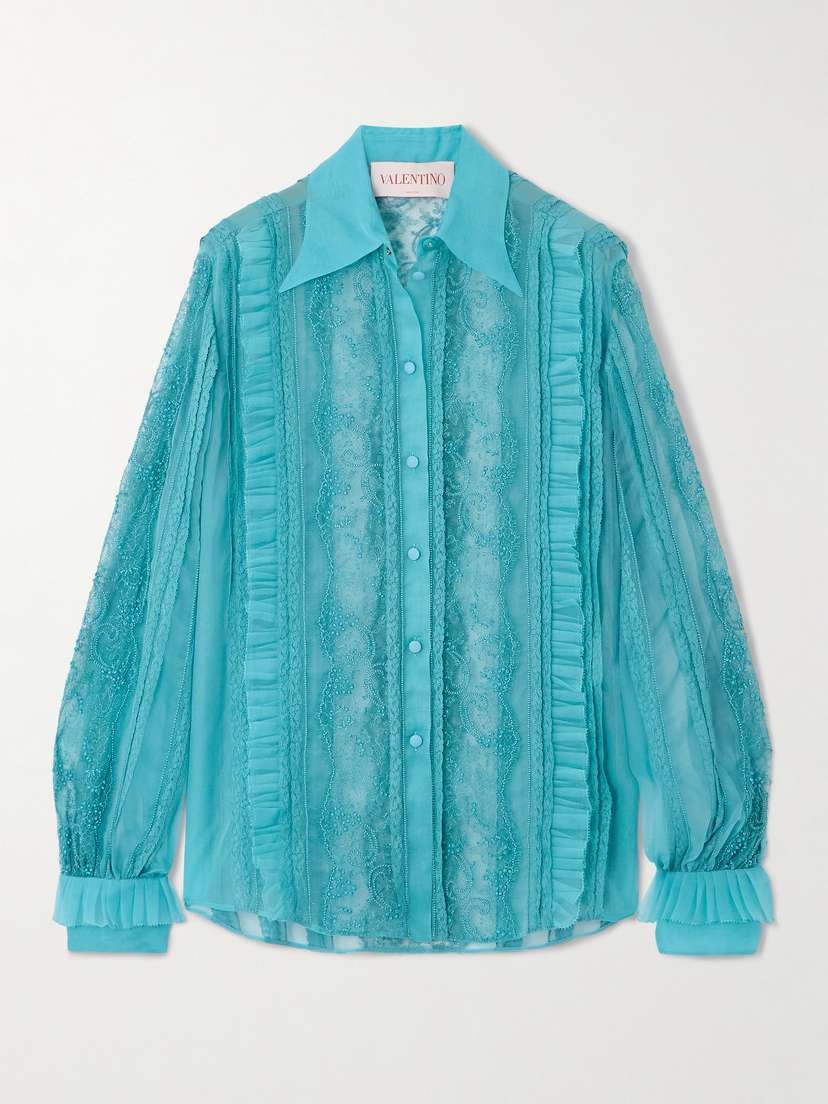 Valentino Garavani Pleated Ruffled Bead-embellished Lace-trimmed Silk-organza Shirt