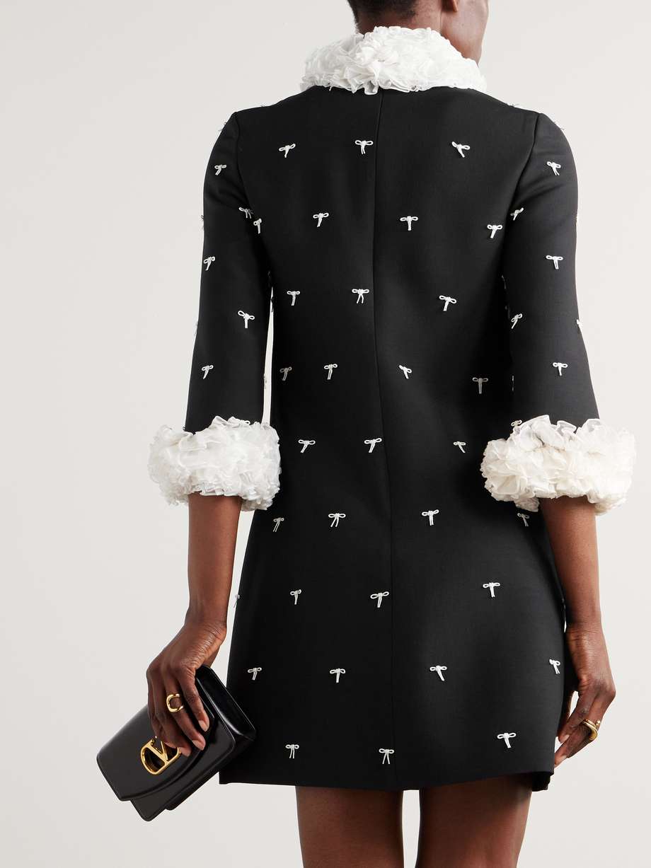 ruffled bow-detailed embellished mesh-trimmed wool and silk-blend crepe mini dress