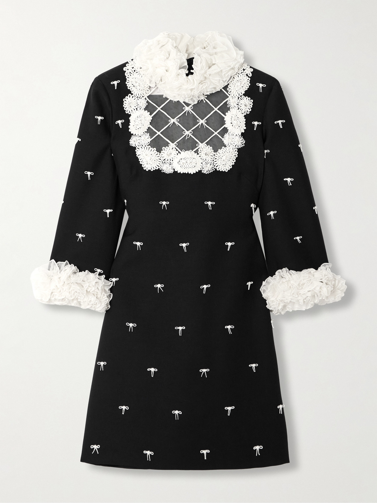 Valentino Ruffled Bow-detailed Embellished Mesh-trimmed Wool And Silk-blend Crepe Mini Dress In Black