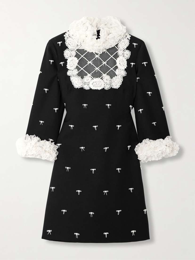 Valentino Garavani — Ruffled bow-detailed embellished mesh-trimmed wool and silk-blend crepe mini dress