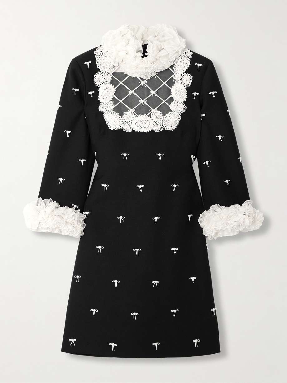 ruffled bow-detailed embellished mesh-trimmed wool and silk-blend crepe mini dress