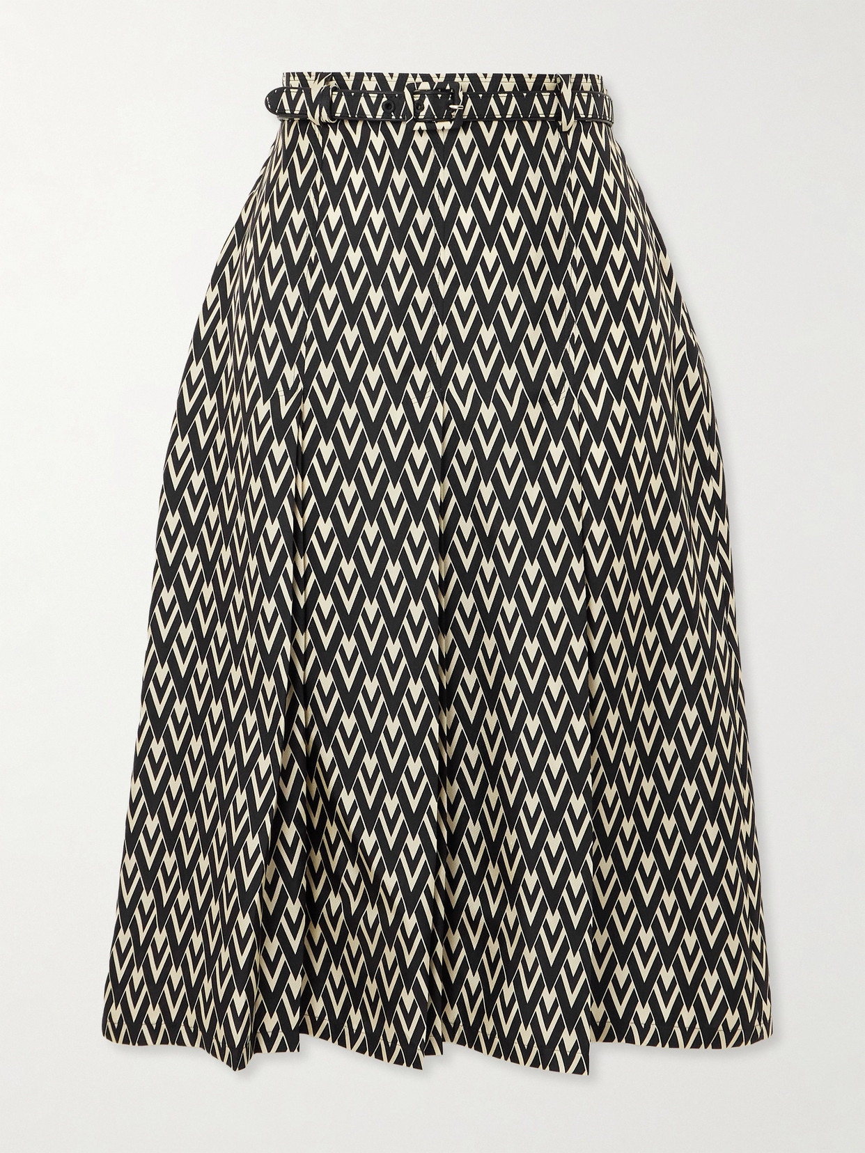 Valentino Garavani - Belted Pleated Printed Silk-twill Midi Skirt - Black