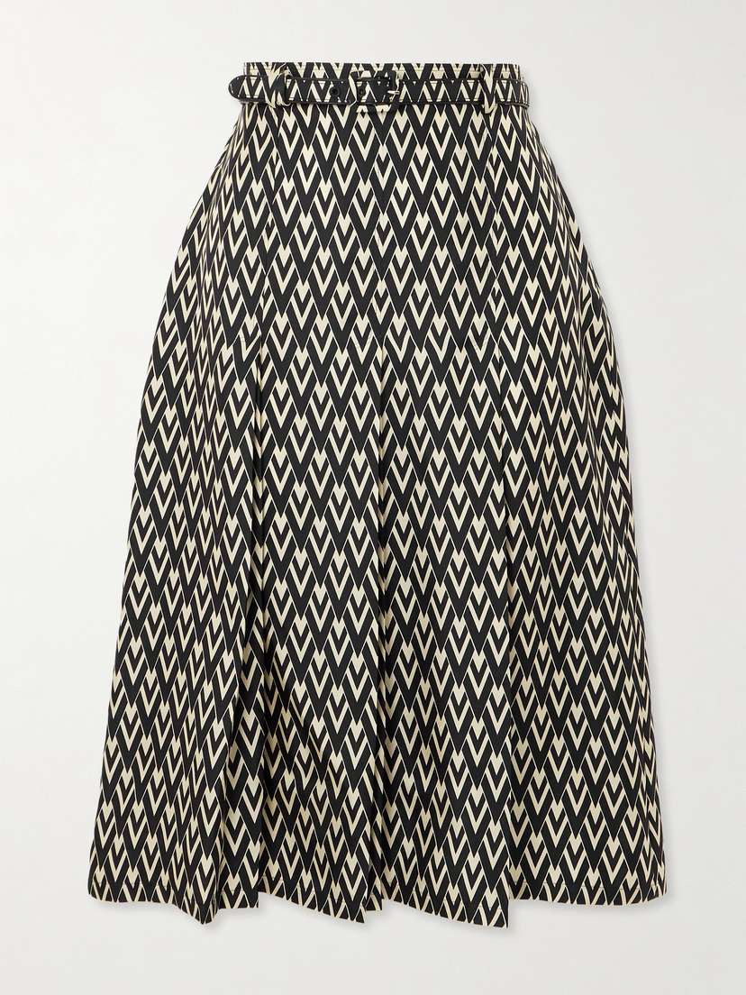 Valentino Garavani Belted Pleated Printed Silk-twill Midi Skirt