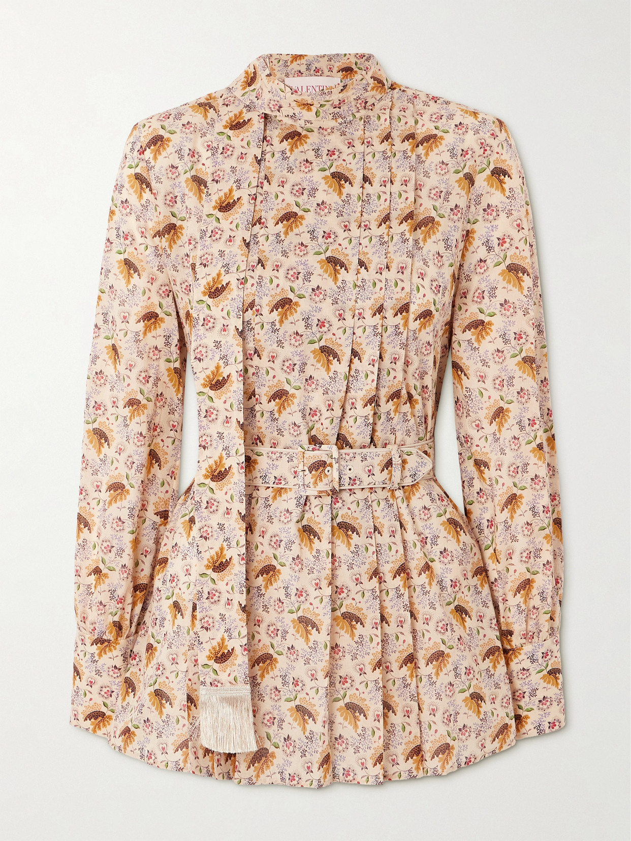 Valentino Tie-neck Belted Pleated Floral-print Cotton-muslin Blouse In Neutrals