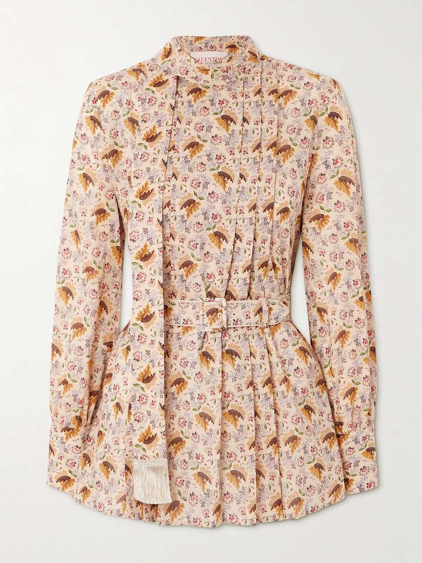 Valentino Garavani Tie-neck Belted Pleated Floral-print Cotton-muslin Blouse