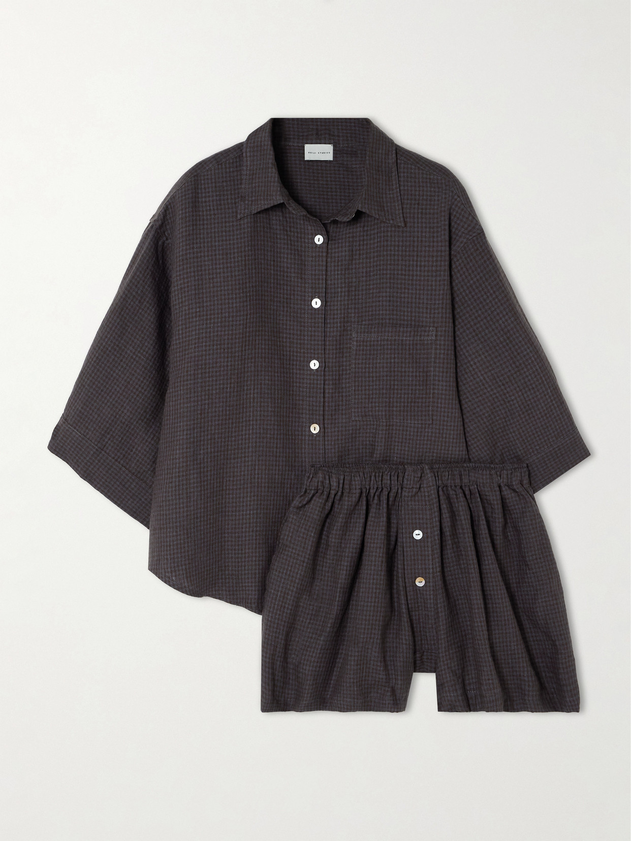 Deiji Studios 03 Checked Linen Pajama Set In Gray