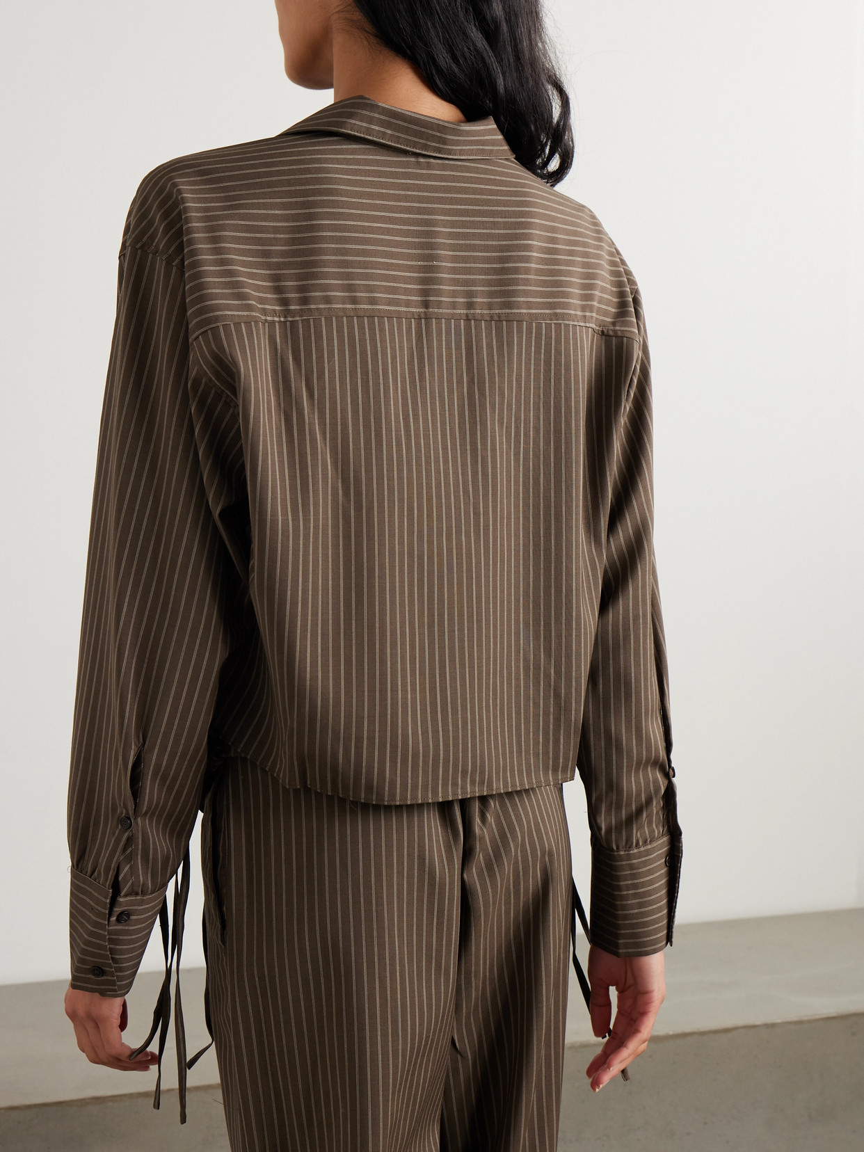 Cropped Tie-Detailed Pinstriped Shirt