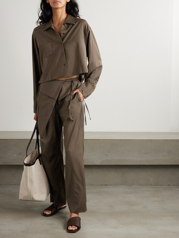 Deiji Studios Cropped tie-detailed pinstriped wool shirt