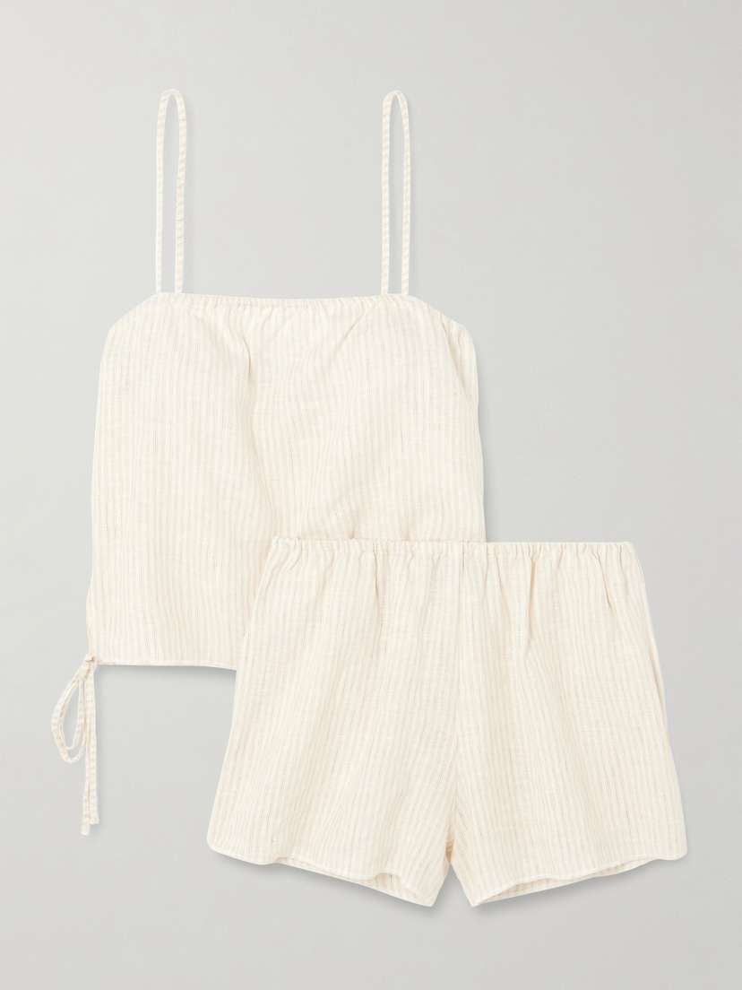 Deiji Studios Babylock Tie-detailed Striped Linen Pajama Set