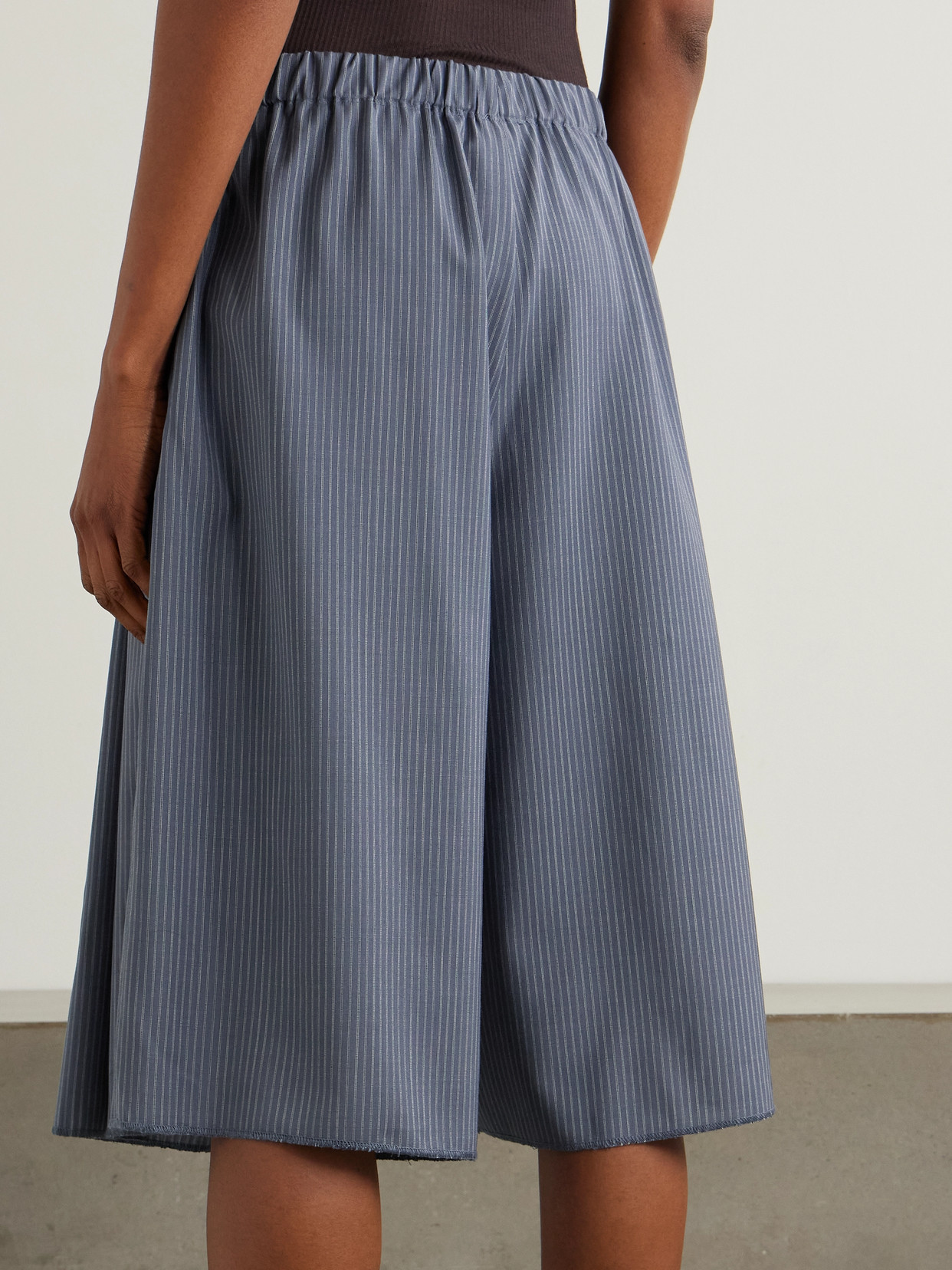 Deiji Studios Tie-detailed Pleated Striped Wool Wide-leg Shorts In Blue