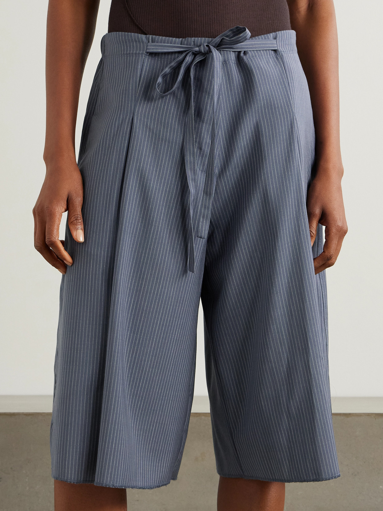 Deiji Studios Tie-detailed Pleated Striped Wool Wide-leg Shorts In Blue