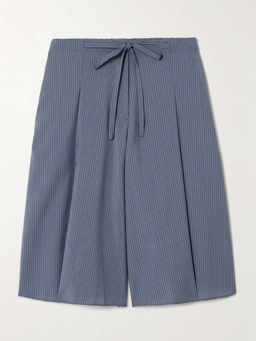 Deiji Studios Tie-detailed Pleated Striped Wool Wide-leg Shorts