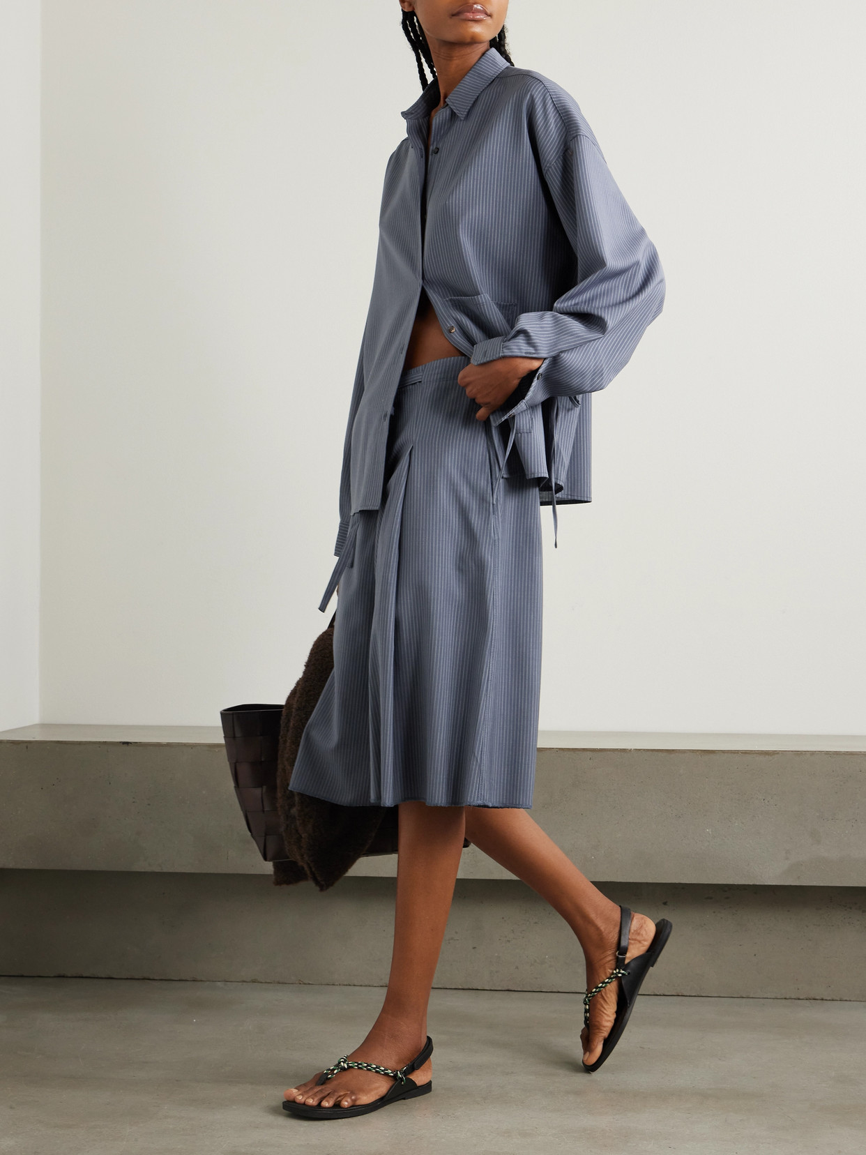 Deiji Studios Tie-detailed Pleated Striped Wool Wide-leg Shorts In Blue