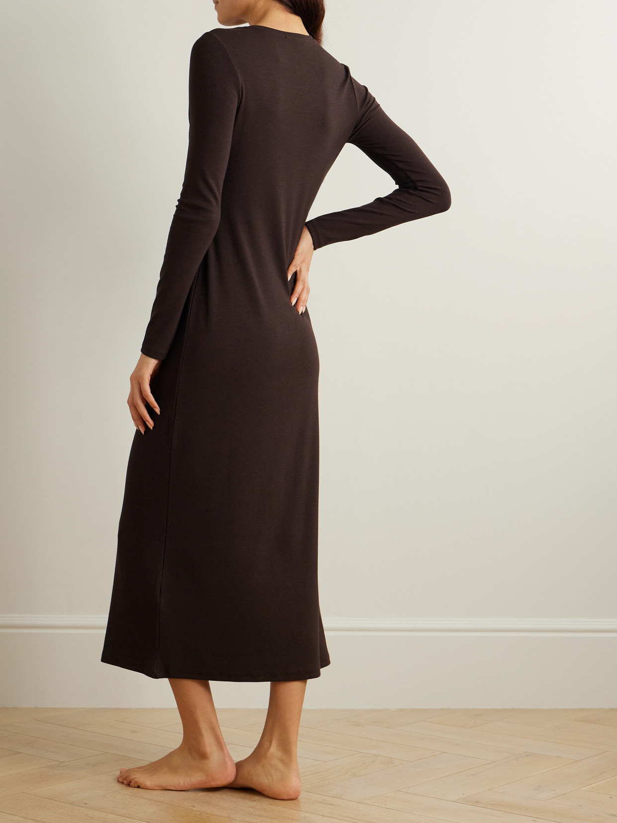 Skin Namaari Tie-detailed Ribbed Pima Cotton And Modal-blend Midi Dress In Brown