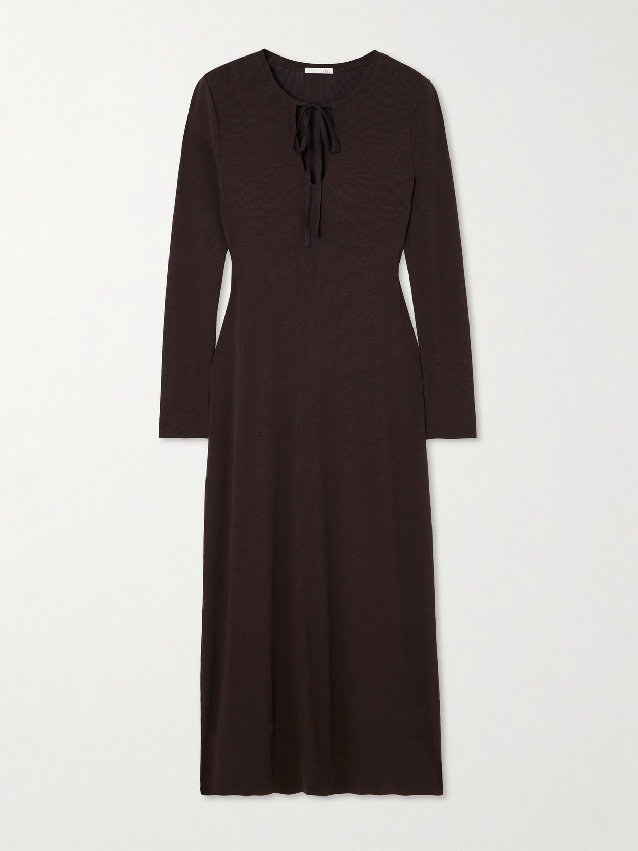 Skin Namaari Tie-detailed Ribbed Pima Cotton And Modal-blend Midi Dress In Brown
