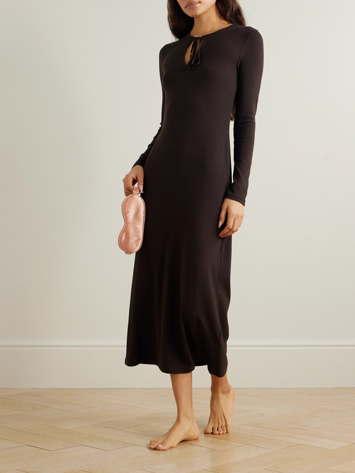 Skin Namaari Tie-detailed Ribbed Pima Cotton And Modal-blend Midi Dress In Brown