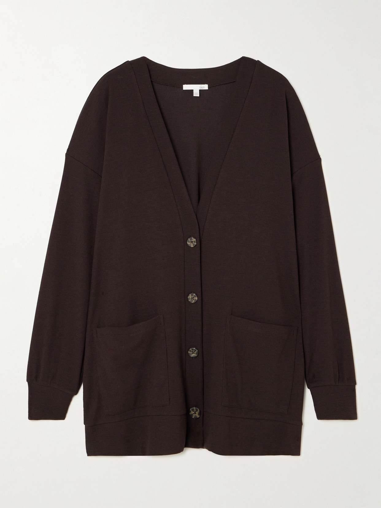 Skin Nicolette Ribbed Stretch-pima Cotton And Modal-blend Cardigan In Brown