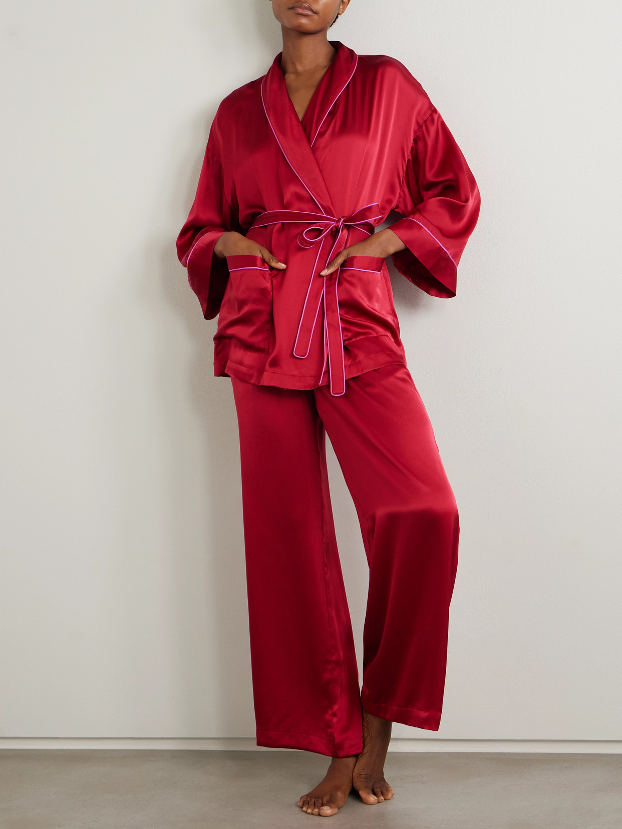 Skin Joy Piped Silk-satin Robe In Red